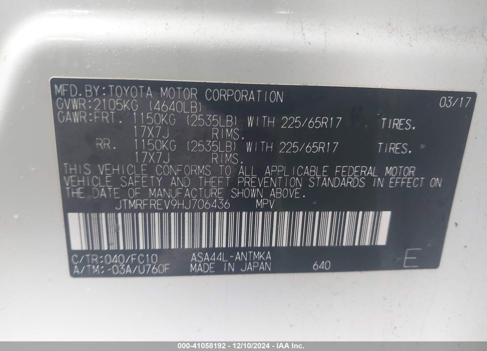 2017 TOYOTA RAV4 XLE VIN: JTMRFREV9HJ706436
