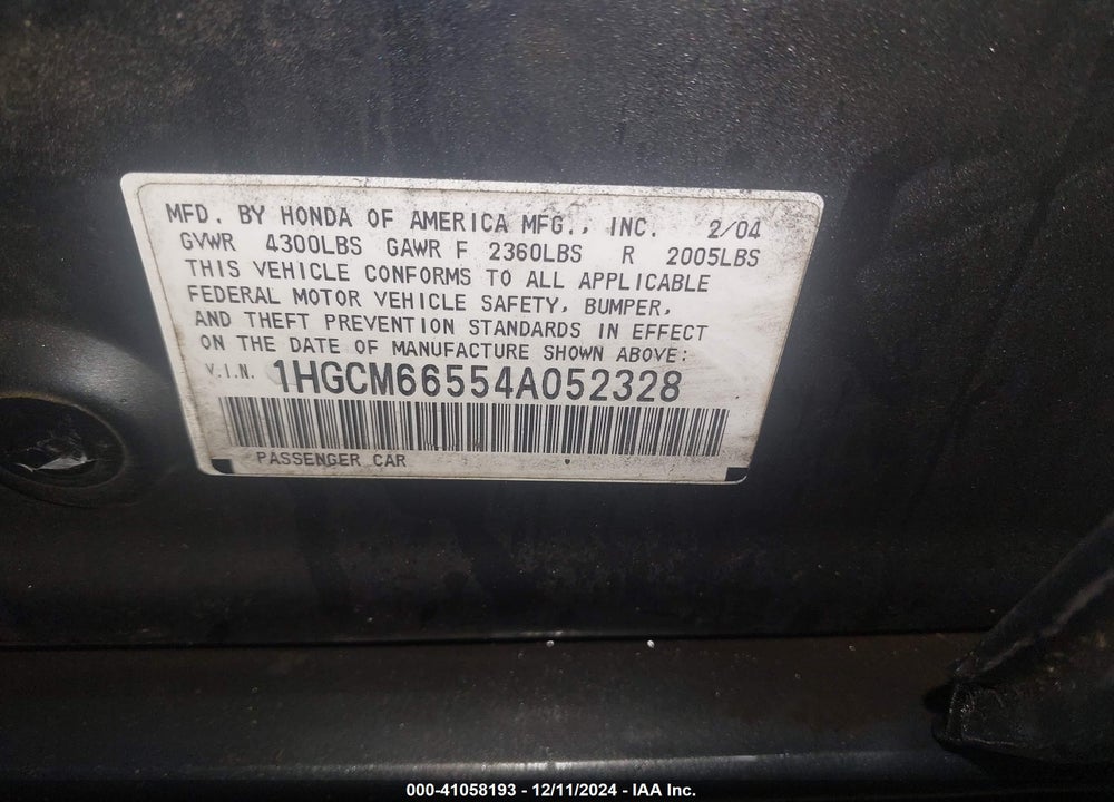 2004 HONDA ACCORD 3.0 EX VIN: 1HGCM66554A052328