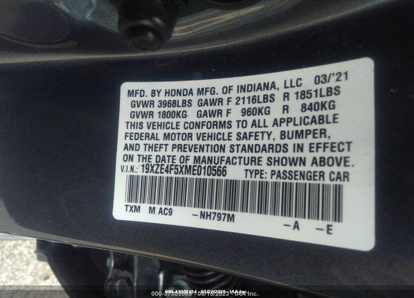 2021 HONDA INSIGHT VIN: 19XZE4F5XME010566