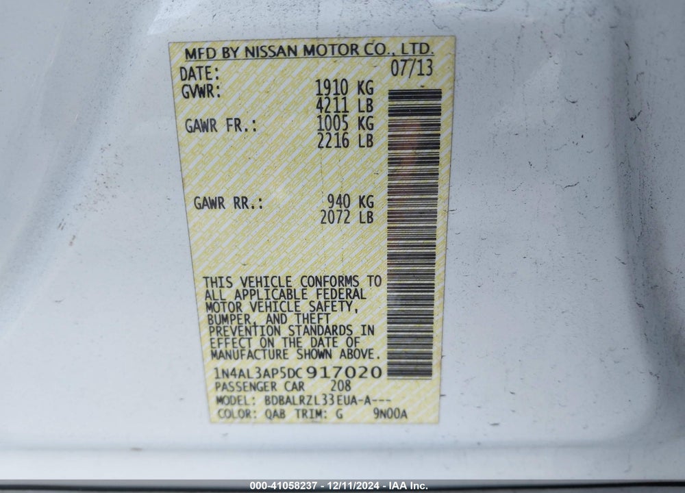 2013 NISSAN ALTIMA 2.5 S VIN: 1N4AL3AP5DC917020