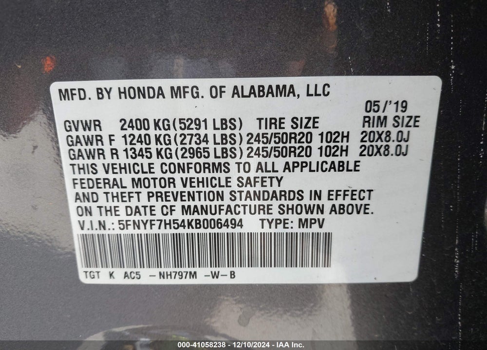 2019 HONDA PASSPORT EX-L VIN: 5FNYF7H54KB006494