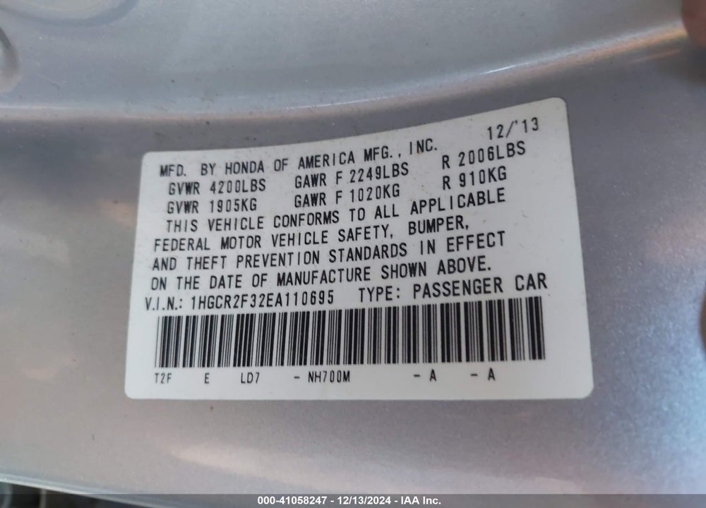 2014 HONDA ACCORD LX VIN: 1HGCR2F32EA110695