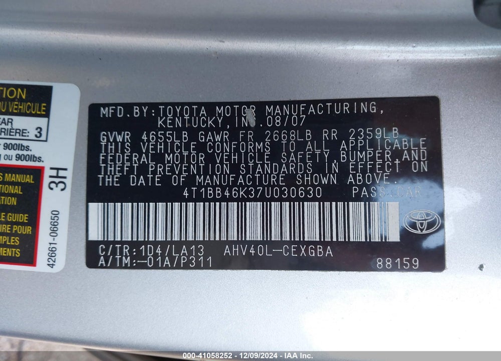 2007 TOYOTA CAMRY HYBRID VIN: 4T1BB46K37U030630