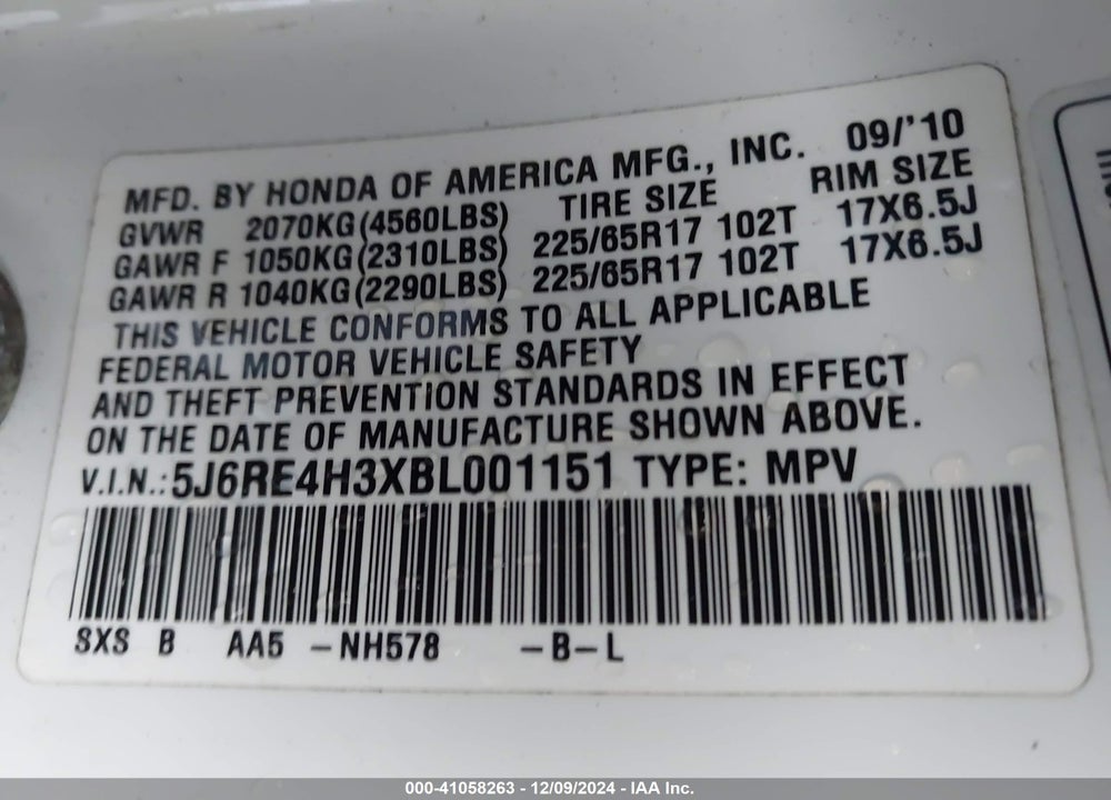 2011 HONDA CR-V LX VIN: 5J6RE4H3XBL001151