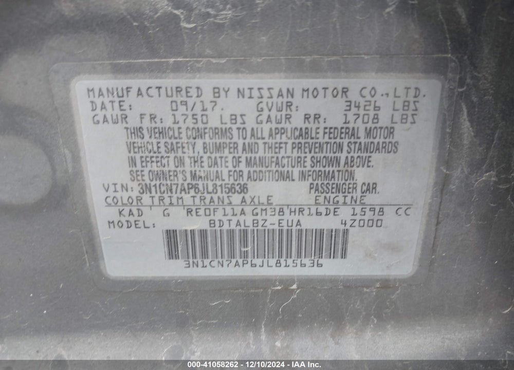 2018 NISSAN VERSA VIN: 3N1CN7AP6JL815636