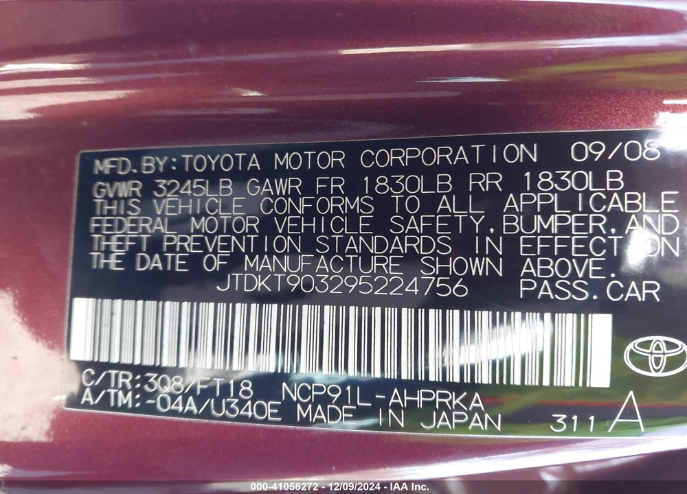 2009 TOYOTA YARIS S VIN: JTDKT903295224756