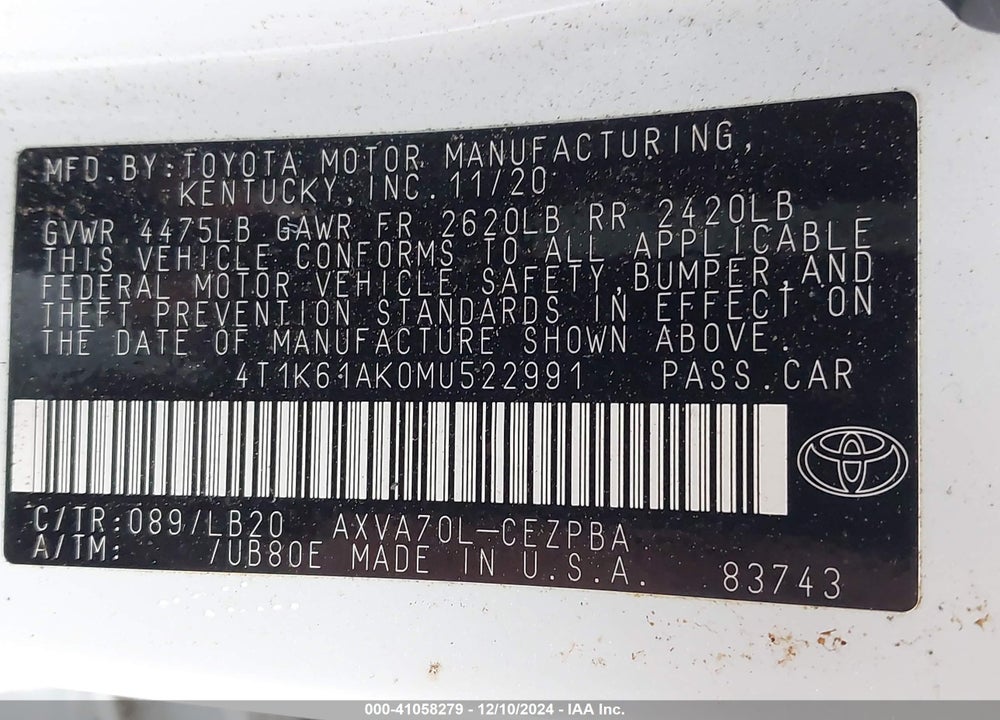 2021 TOYOTA CAMRY VIN: 4T1K61AK0MU522991