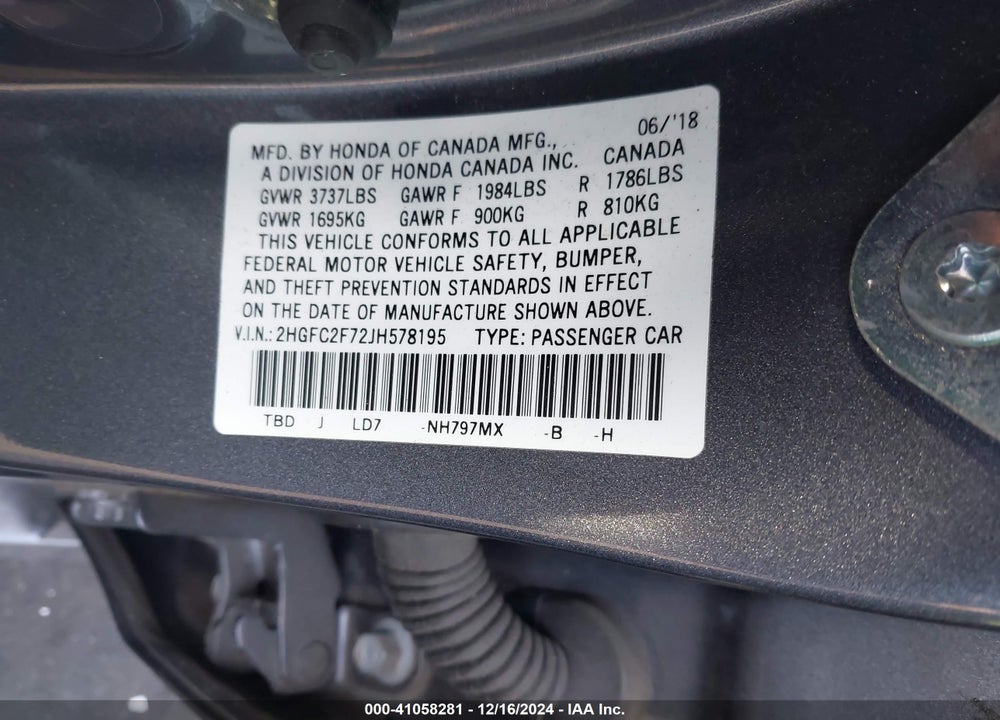 2018 HONDA CIVIC EX VIN: 2HGFC2F72JH578195