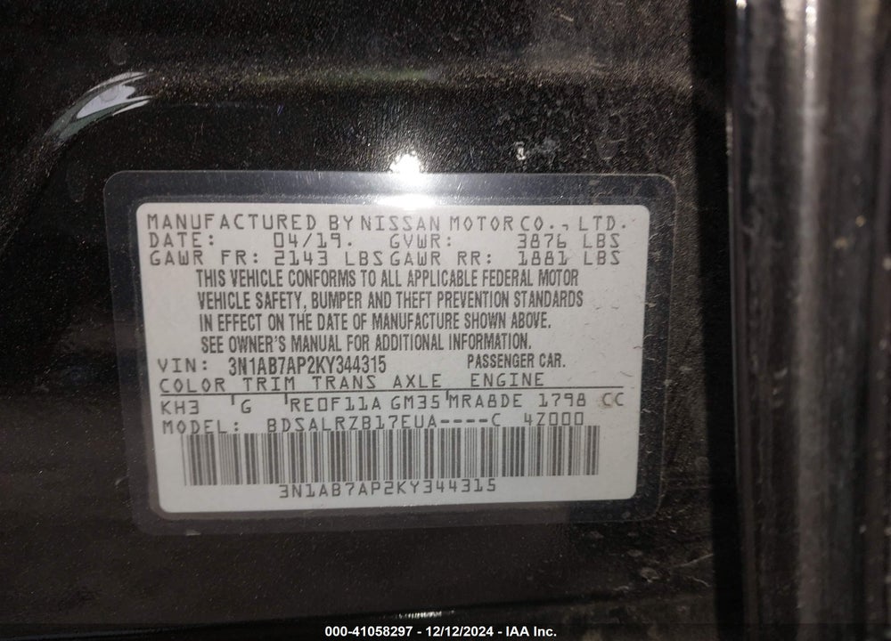 2019 NISSAN SENTRA SR VIN: 3N1AB7AP2KY344315