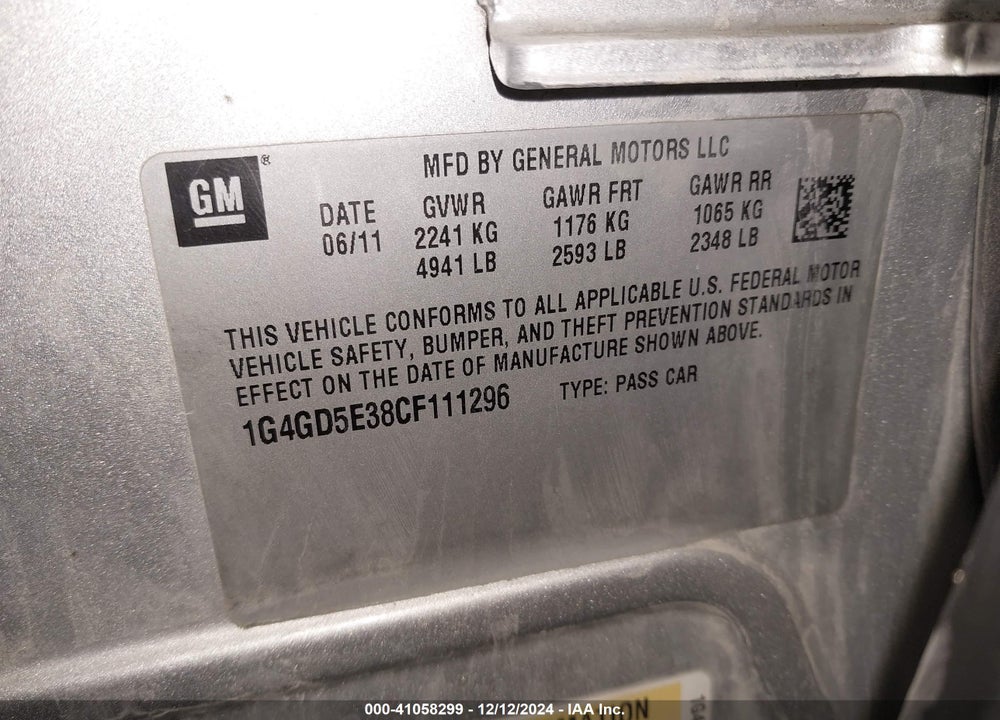 2012 BUICK LACROSSE VIN: 1G4GD5E38CF111296