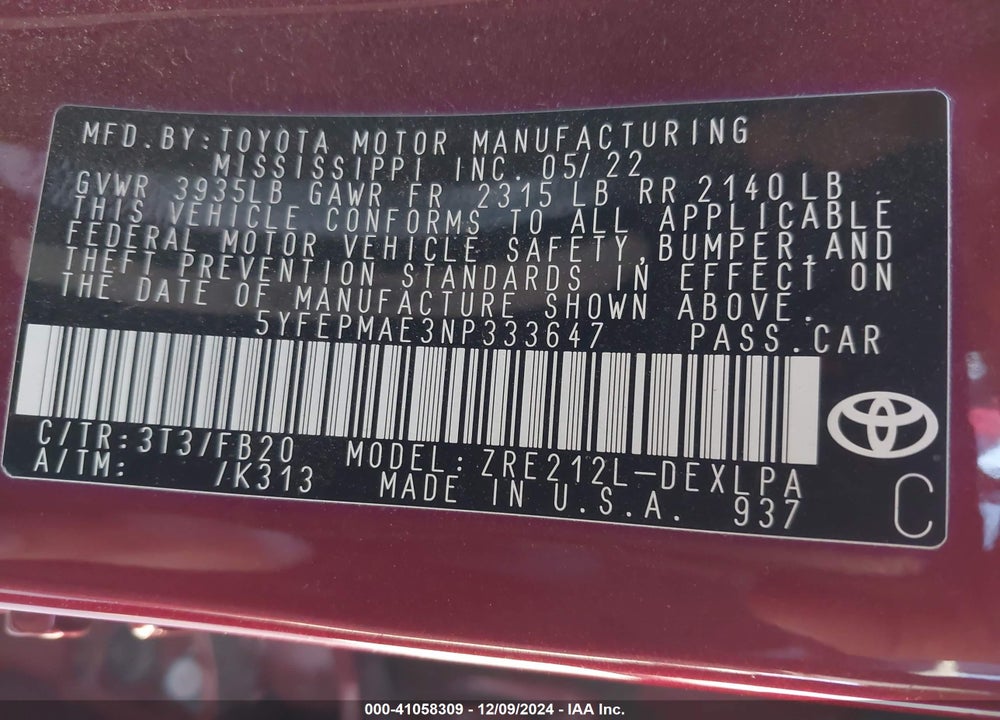 2022 TOYOTA COROLLA VIN: 5YFEPMAE3NP333647