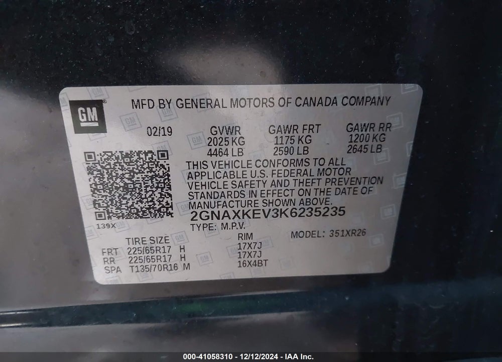 2019 CHEVROLET EQUINOX LT VIN: 2GNAXKEV3K6235235