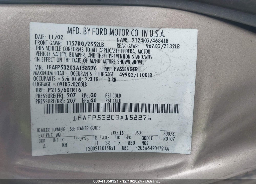 2003 FORD TAURUS SE VIN: 1FAFP53203A158276