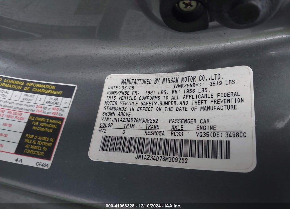 2006 NISSAN 350Z TOURING VIN: JN1AZ34D76M309252