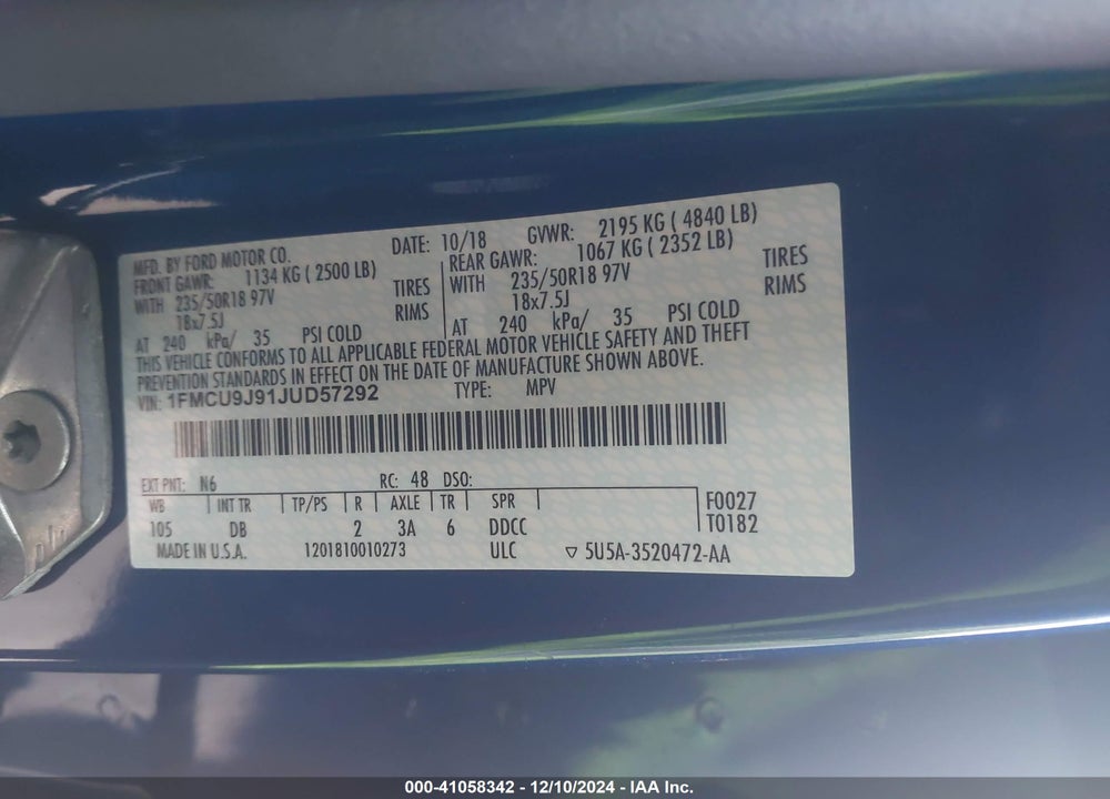 2018 FORD ESCAPE TITANIUM VIN: 1FMCU9J91JUD57292