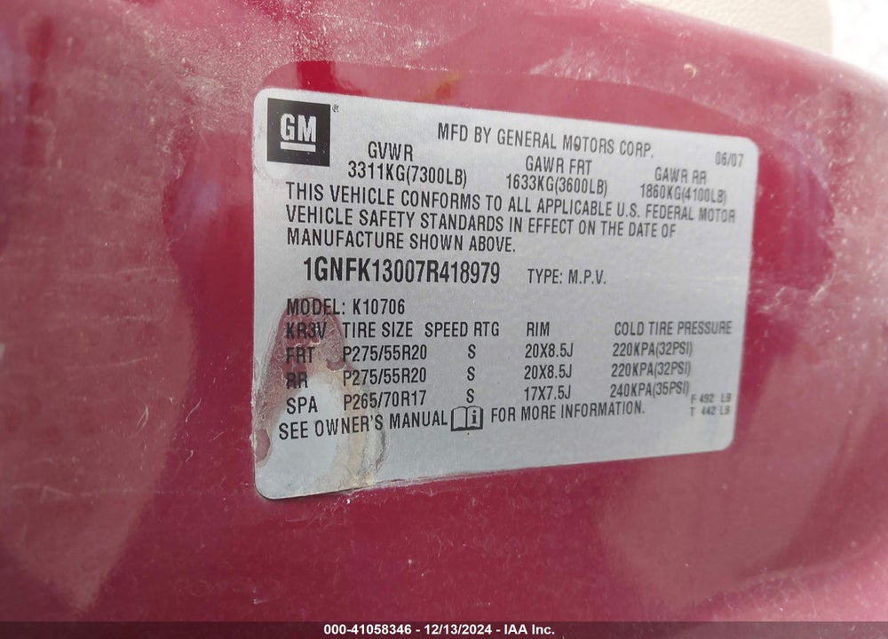 2007 CHEVROLET TAHOE LT VIN: 1GNFK13007R418979
