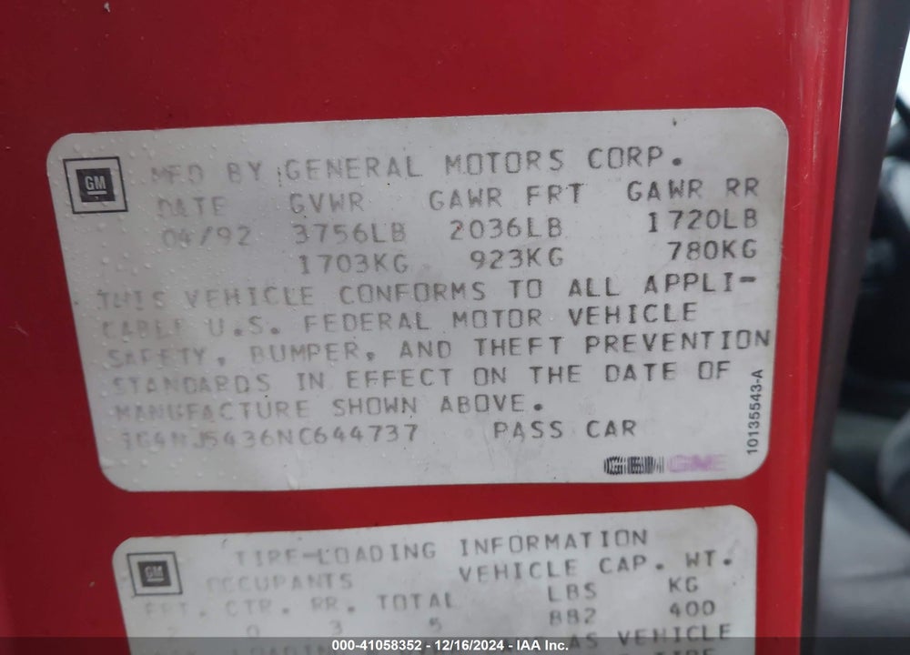 1992 BUICK SKYLARK VIN: 1G4NJ5436NC644737