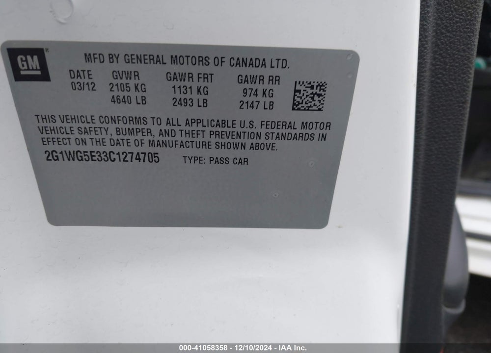 2012 CHEVROLET IMPALA LT VIN: 2G1WG5E33C1274705