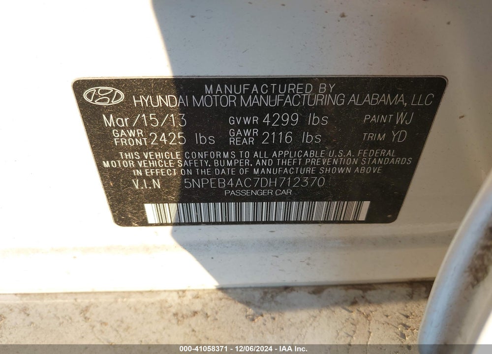 2013 HYUNDAI SONATA GLS VIN: 5NPEB4AC7DH712370