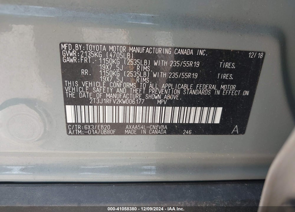 2019 TOYOTA RAV4 ADVENTURE VIN: 2T3J1RFV2KW006177