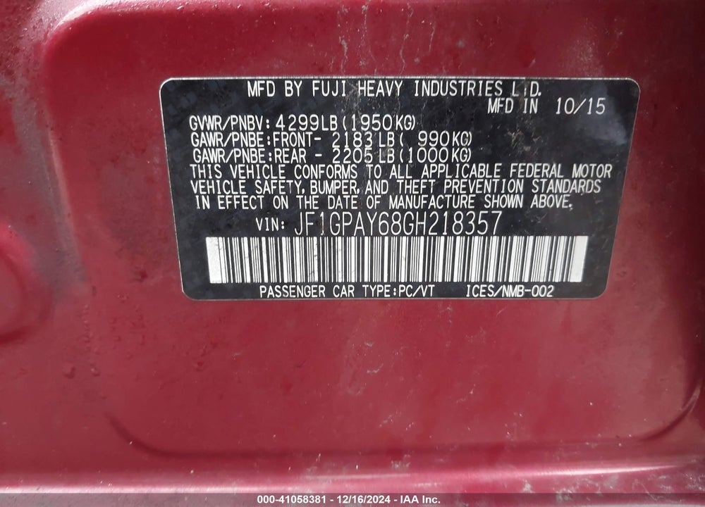 2016 SUBARU IMPREZA 2.0I SPORT LIMITED VIN: JF1GPAY68GH218357