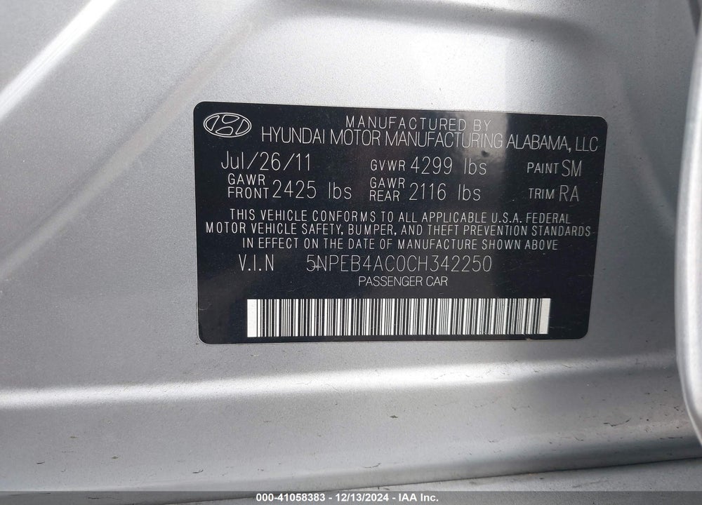 2012 HYUNDAI SONATA GLS VIN: 5NPEB4AC0CH342250