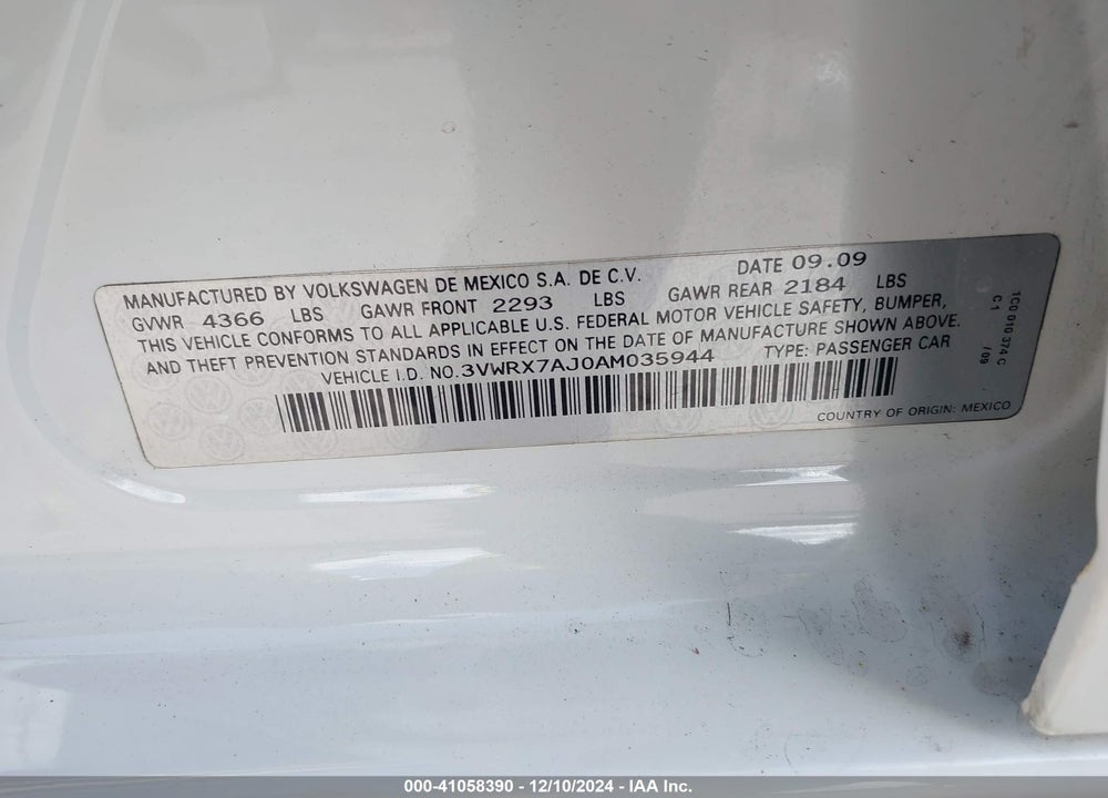 2010 VOLKSWAGEN JETTA SE VIN: 3VWRX7AJ0AM035944