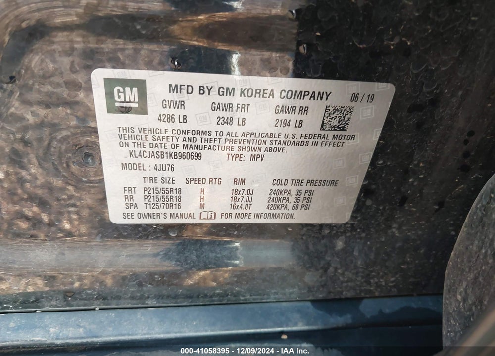 2019 BUICK ENCORE FWD PREFERRED VIN: KL4CJASB1KB960699