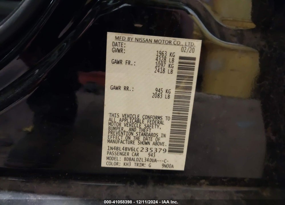 2020 NISSAN ALTIMA S FWD VIN: 1N4BL4BV6LC235379