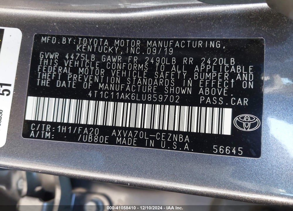 2020 TOYOTA CAMRY LE VIN: 4T1C11AK6LU859702
