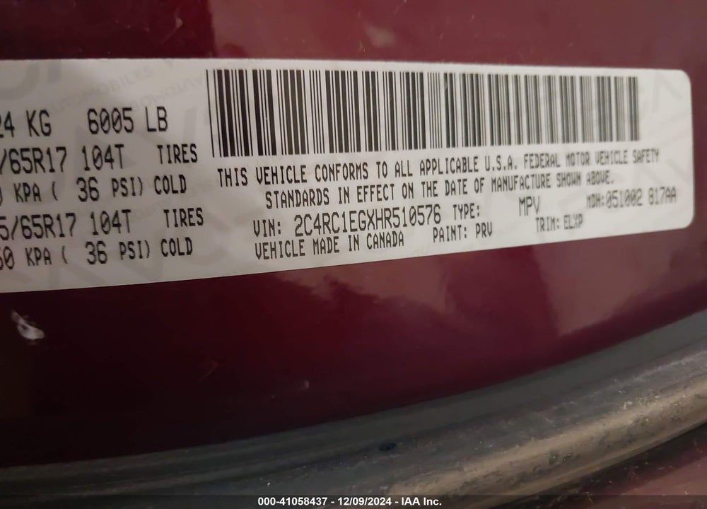 2017 CHRYSLER PACIFICA TOURING L PLUS VIN: 2C4RC1EGXHR510576