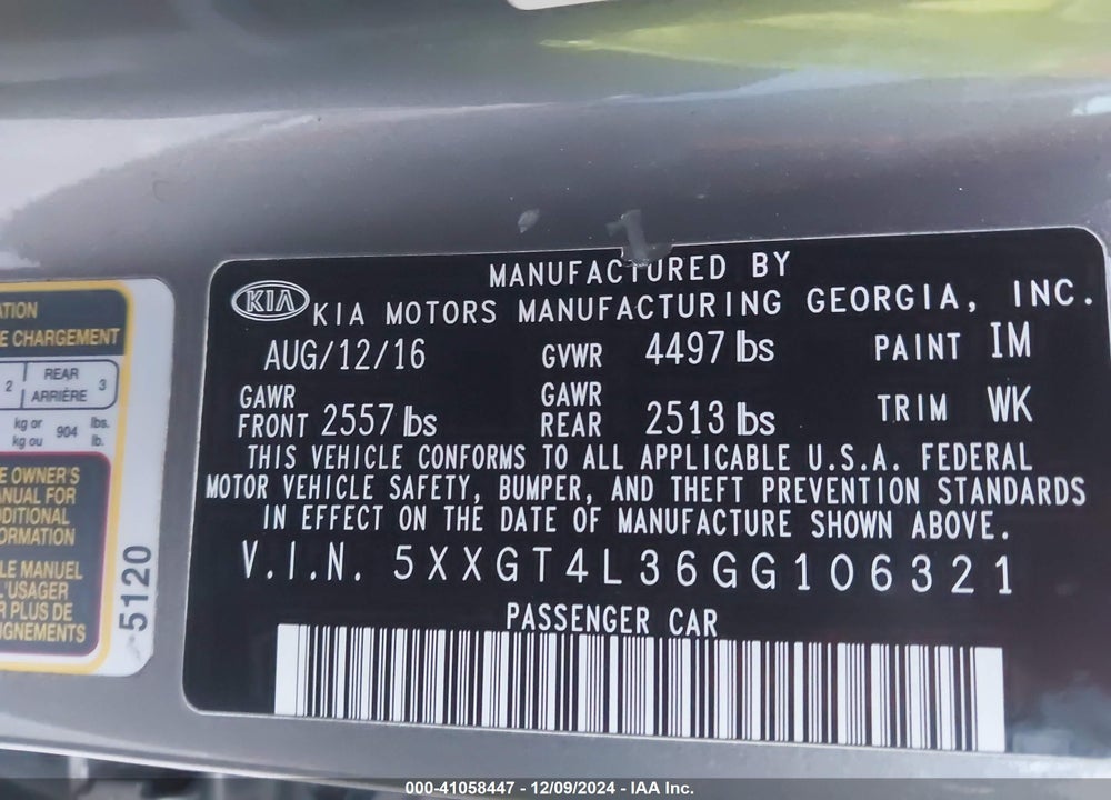 2016 KIA OPTIMA VIN: 5XXGT4L36GG106321