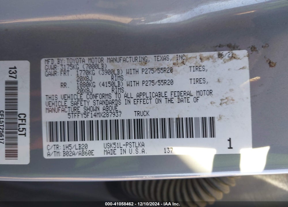 2021 TOYOTA TUNDRA LIMITED VIN: 5TFFY5F14MX287937