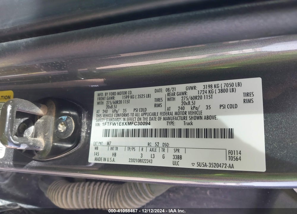 2021 FORD F-150 LARIAT VIN: 1FTFW1E8XMFC30094