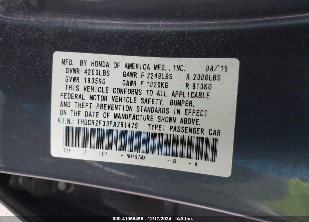 2015 HONDA ACCORD LX VIN: 1HGCR2F33FA261479