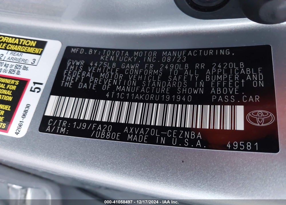 2024 TOYOTA CAMRY VIN: 4T1C11AK0RU191940