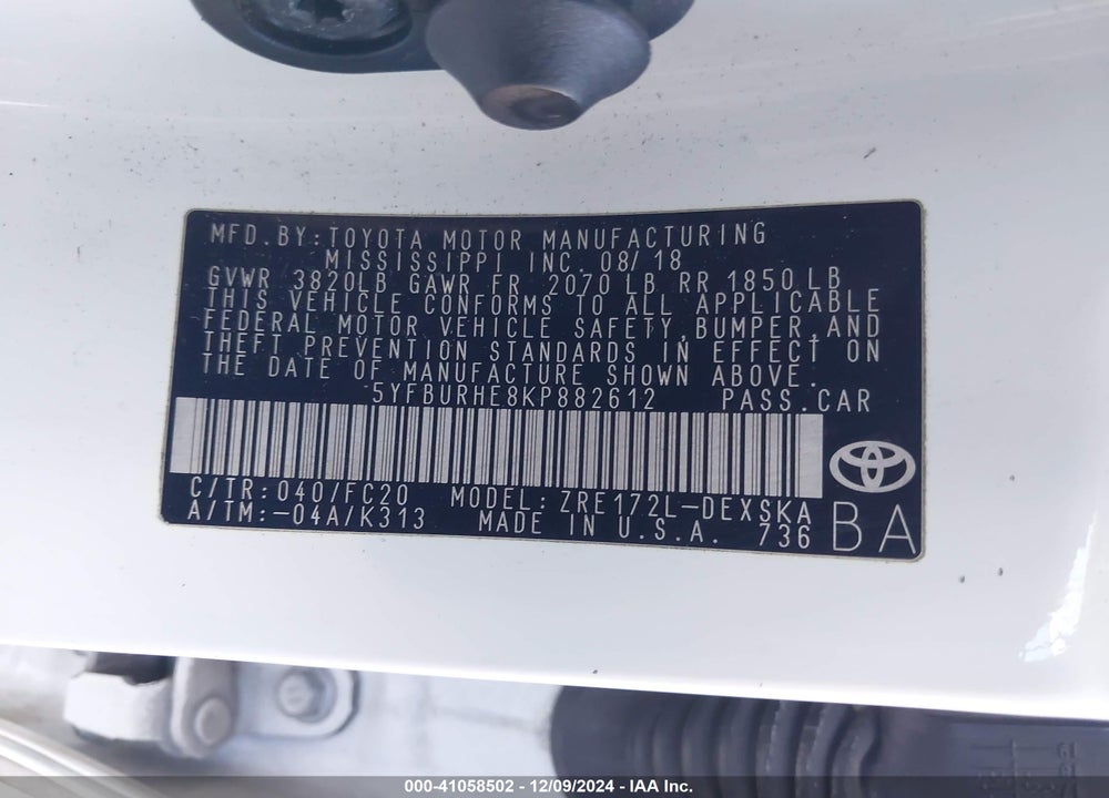 2019 TOYOTA COROLLA SE VIN: 5YFBURHE8KP882612