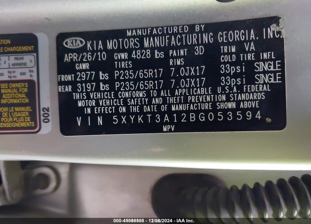 2011 KIA SORENTO LX VIN: 5XYKT3A12BG053594