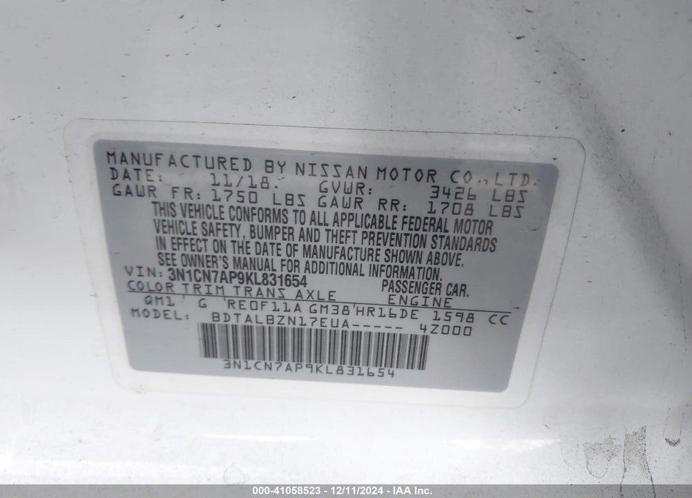 2019 NISSAN VERSA 1.6 SV VIN: 3N1CN7AP9KL831654