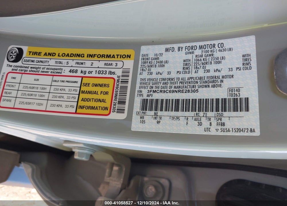 2022 FORD BRONCO SPORT OUTER BANKS VIN: 3FMCR9C69NRE28305