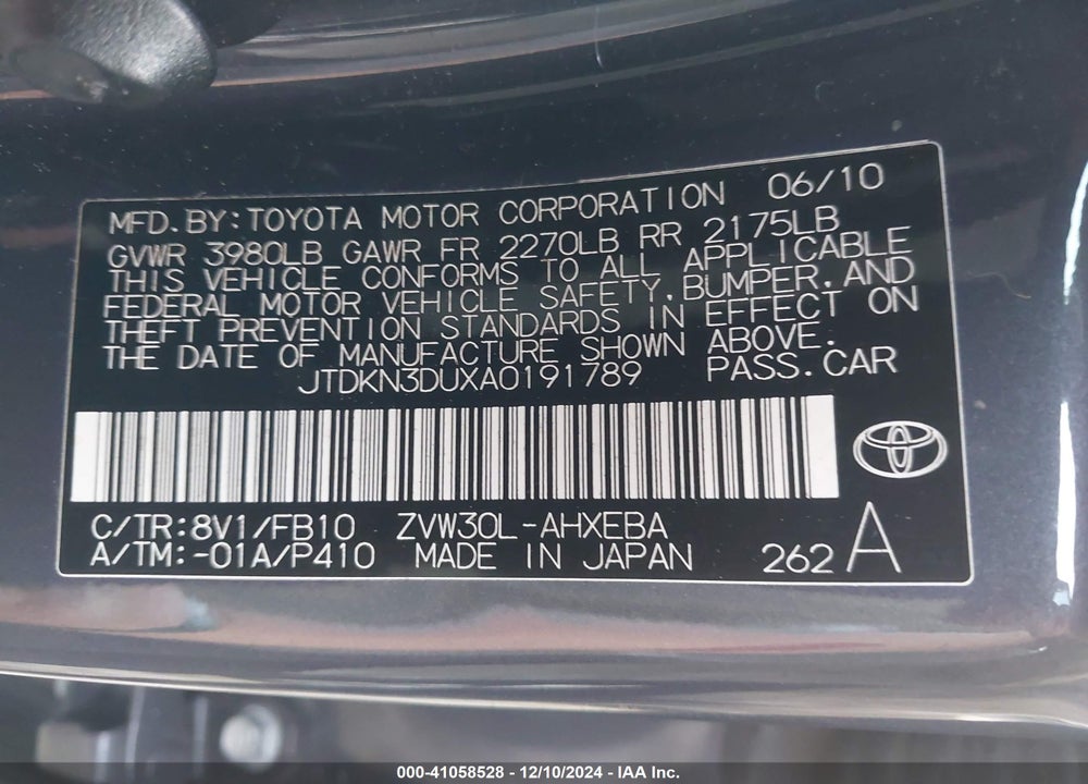 2010 TOYOTA PRIUS II VIN: JTDKN3DUXA0191789
