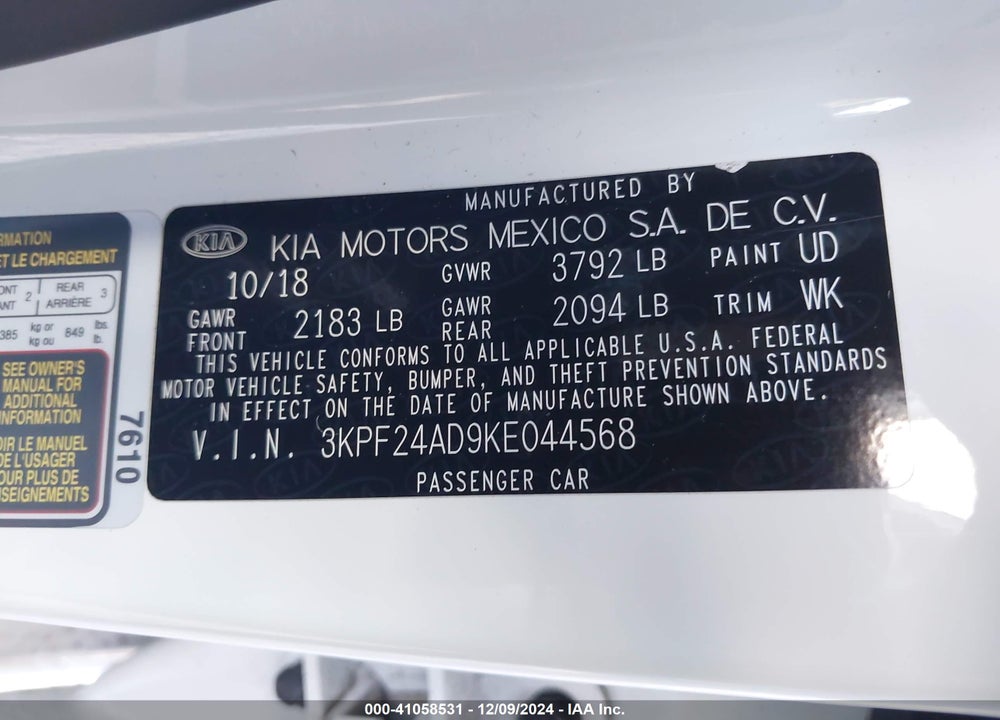 2019 KIA FORTE LXS VIN: 3KPF24AD9KE044568