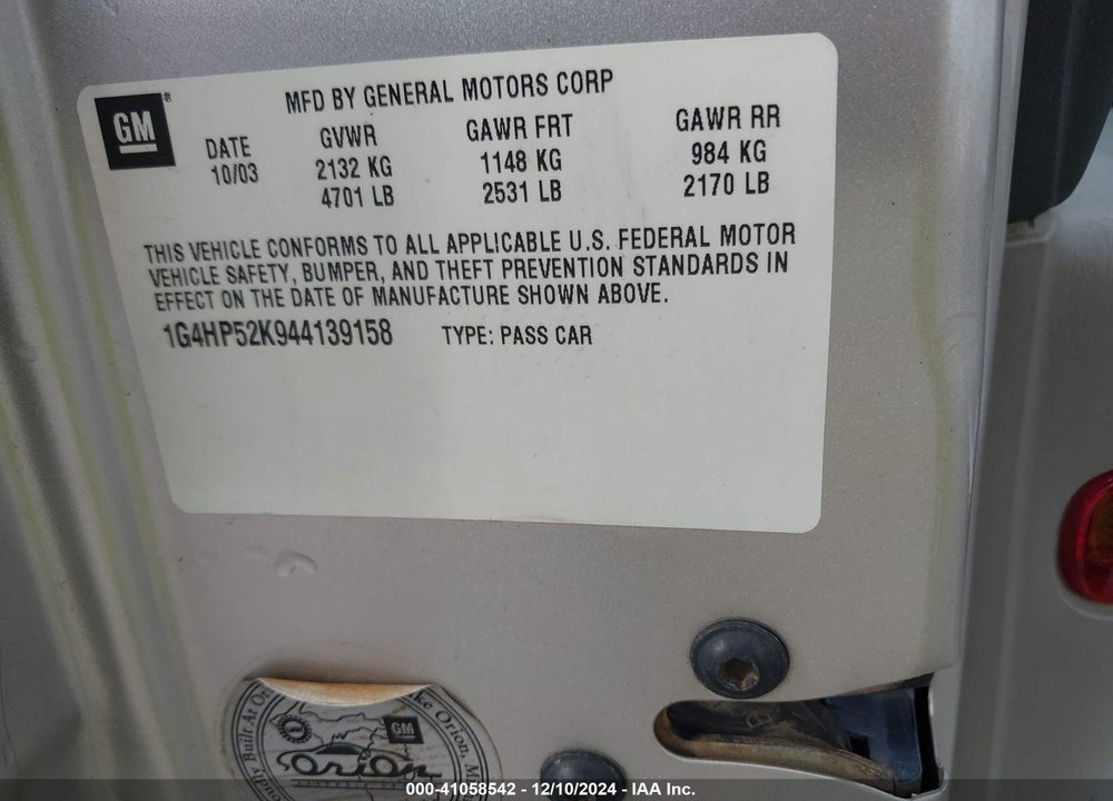 2004 BUICK LESABRE CUSTOM VIN: 1G4HP52K944139158