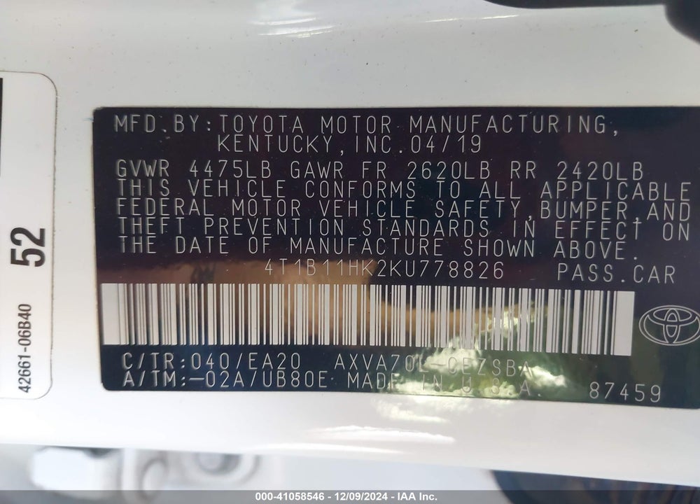 2019 TOYOTA CAMRY SE VIN: 4T1B11HK2KU778826