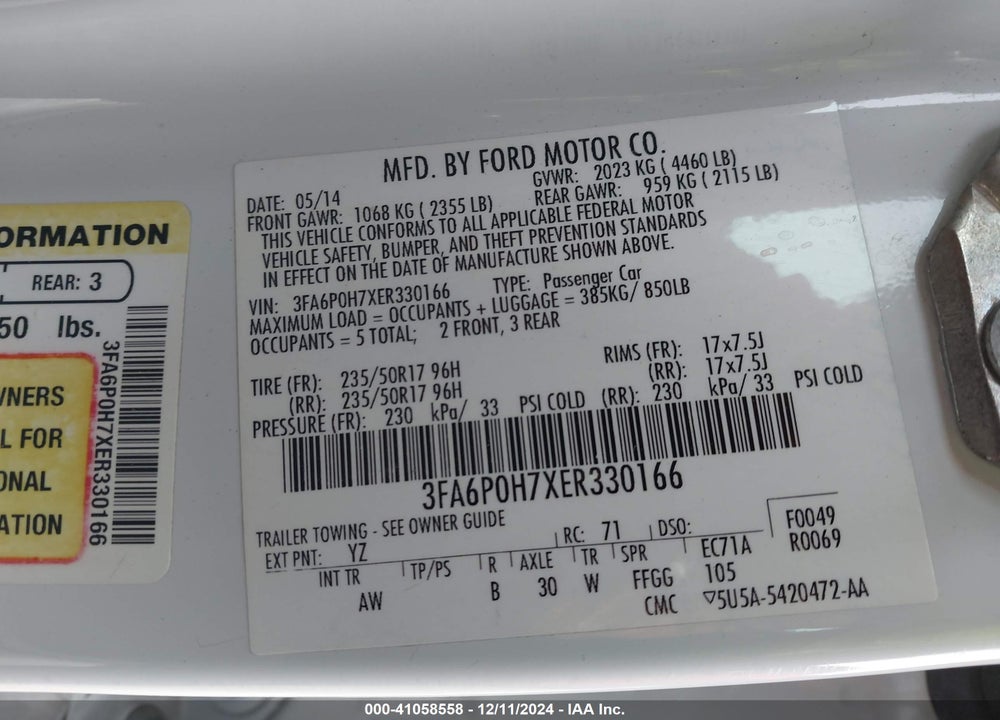 2014 FORD FUSION SE VIN: 3FA6P0H7XER330166