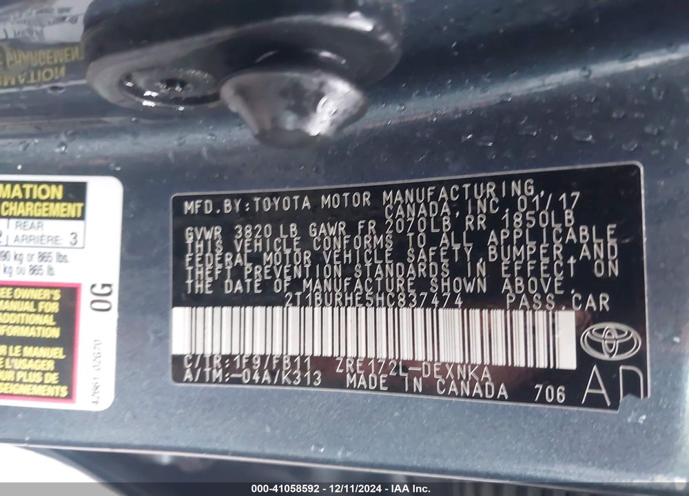 2017 TOYOTA COROLLA LE VIN: 2T1BURHE5HC837474