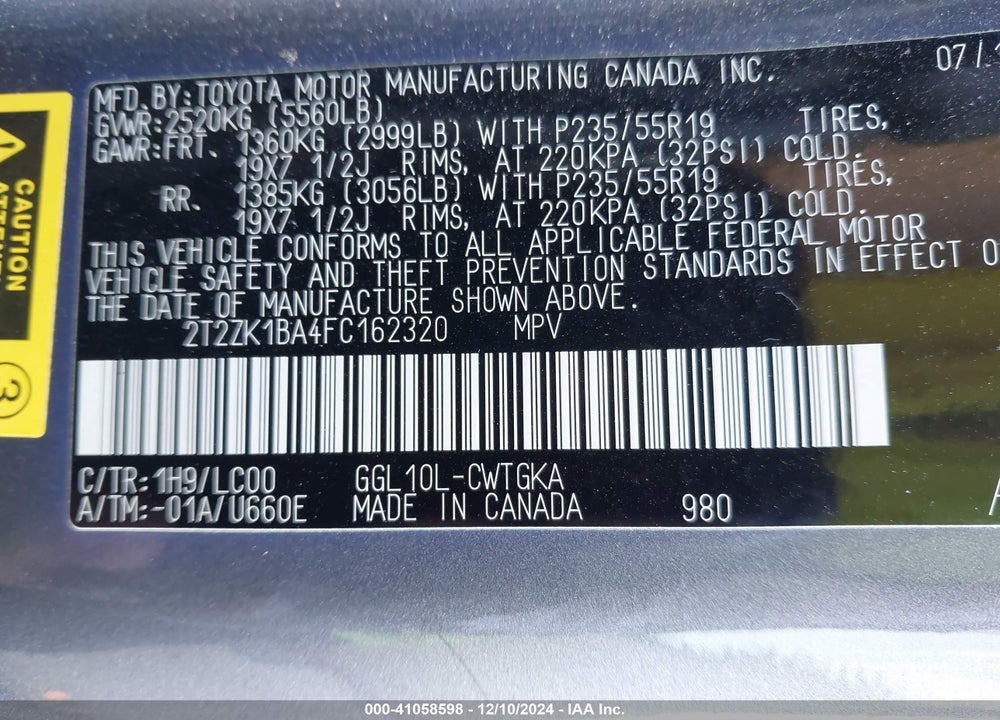 2015 LEXUS RX 350 VIN: 2T2ZK1BA4FC162320