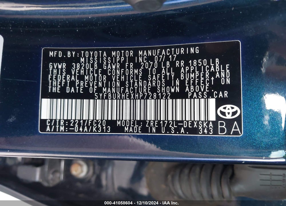 2017 TOYOTA COROLLA VIN: 5YFBURHEXHP728122