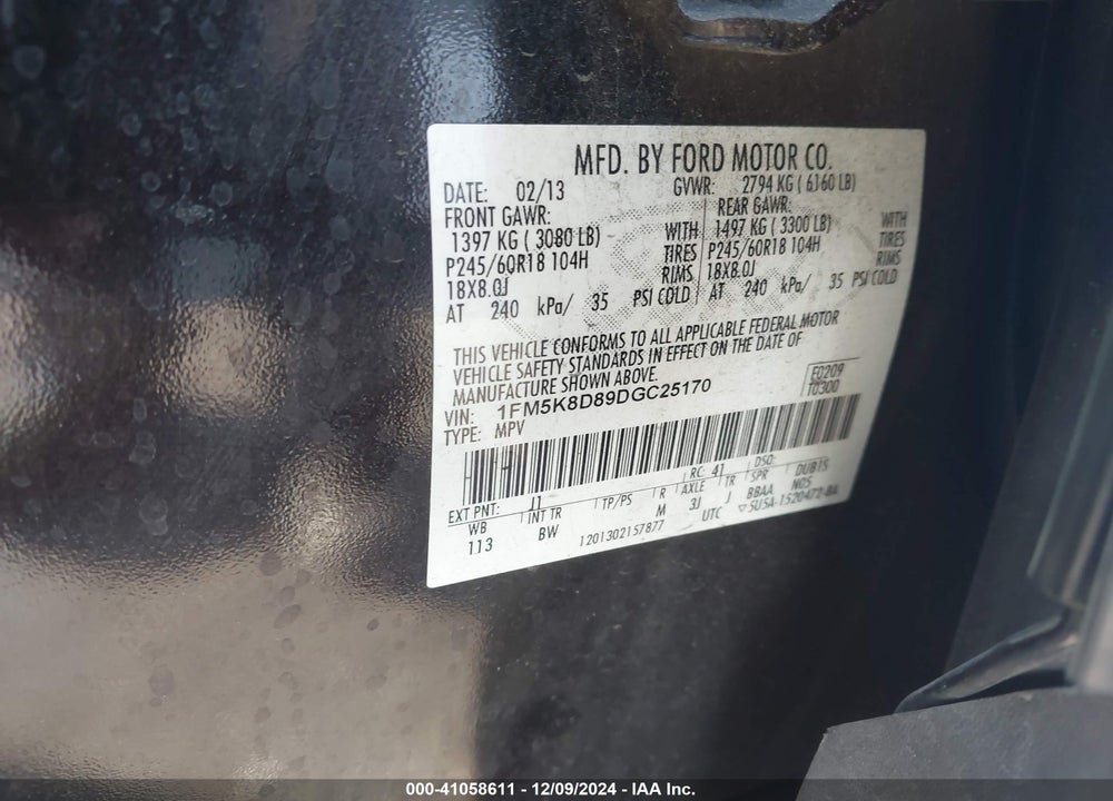 2013 FORD EXPLORER XLT VIN: 1FM5K8D89DGC25170