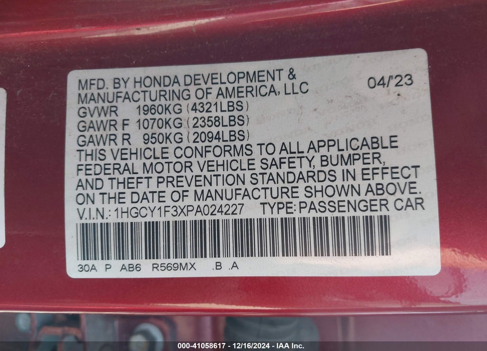 2023 HONDA ACCORD VIN: 1HGCY1F3XPA024227